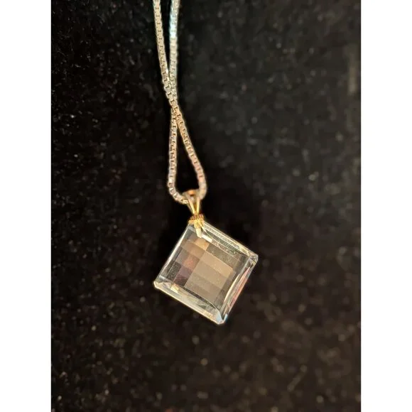 30-Inch Sterling Silver Necklace Square Crystal Pendant Italy 925 10g Elegant - Picture 2 of 15